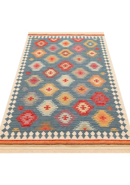 Ürgüp 04 Navy %100 Pamuk ile Üretilen Etnik Desenlere Sahip Yıkanabilir Çift Taraflı Ince Yıkanabilir Kilim
