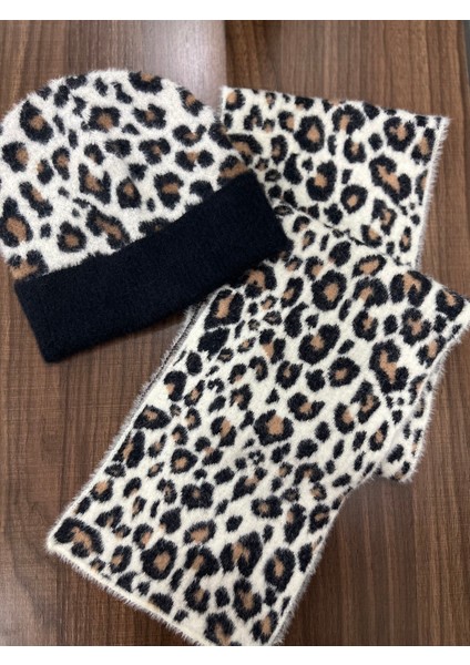 Kadın Leopar Desenli Kışlık Atkı Bere Takımı – Yumuşak Tüylü Akrilik Ikili Set – Sıcak Tutucu