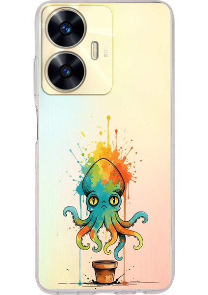 Realme C55 ile Uyumlu Splash Ahtapot Tasarımlı Şeffaf Silikon Kılıf