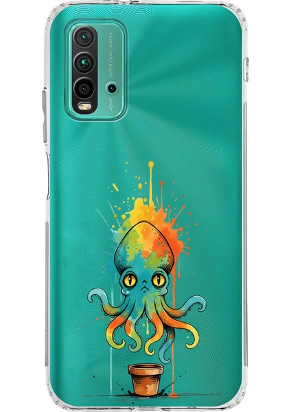 Redmi 9t ile Uyumlu Splash Ahtapot Tasarımlı Şeffaf Silikon Kılıf