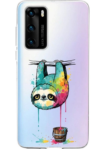 Huawei P40 ile Uyumlu Splash Tembel Hayvan Tasarımlı Şeffaf Silikon Kılıf