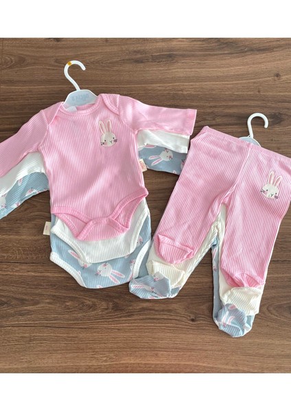 Brüksel Tavşan Baskılı Fitilli Kız Bebek 3'lü Set