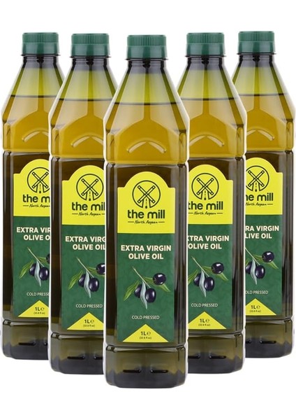 The Mill Natürel Sızma Zeytinyağı 1 L Pet Şişe (5'li Paket) - Soğuk Sıkım - %100 Doğal - Uluslararası Lezzet Enstitüsü 2021/2022/2023 Yılı Üstün 3 Yıldız Lezzet Ödülü - Maks. Asitlik %0,8 - Veganlara Uygun