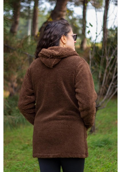 Kadın Kahve Koyu Mavi Peluş Kalın Fermuarlı Kapüşonlu Cepli Ceket 23KCKTMY50