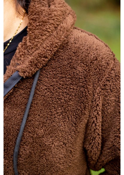 Kadın Kahve Koyu Mavi Peluş Kalın Fermuarlı Kapüşonlu Cepli Ceket 23KCKTMY50