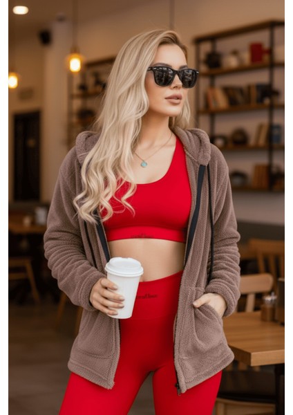 Kadın Vizon Peluş Kalın Fermuarlı Kapüşonlu Cepli Ceket 23KCKTMY50