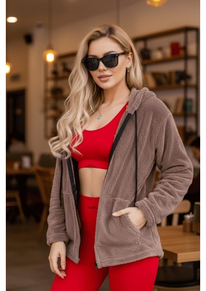 Kadın Vizon Peluş Kalın Fermuarlı Kapüşonlu Cepli Ceket 23KCKTMY50