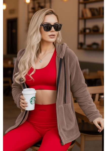 Kadın Vizon Peluş Kalın Fermuarlı Kapüşonlu Cepli Ceket 23KCKTMY50