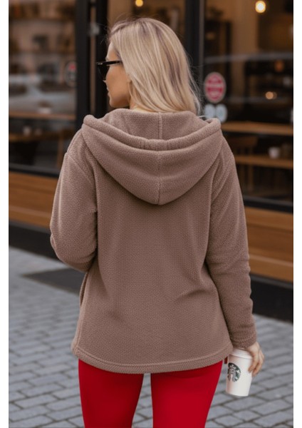 Kadın Vizon Peluş Kalın Fermuarlı Kapüşonlu Cepli Ceket 23KCKTMY50