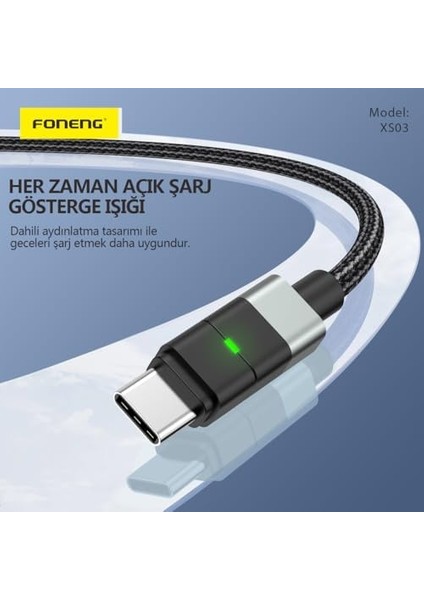 XS03 60W LED Işıklı Type-C To Type-C Şarj ve Data Kablosu Ip Örgülü modelleri