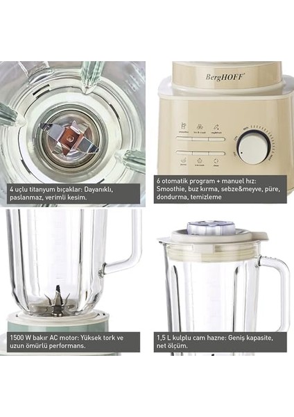 Gem Retro 1500 W Masaüstü – 1,5 L Cam Hazne, Titanyum Bıçak, Bakır Ac Motor | Krem fiyatları