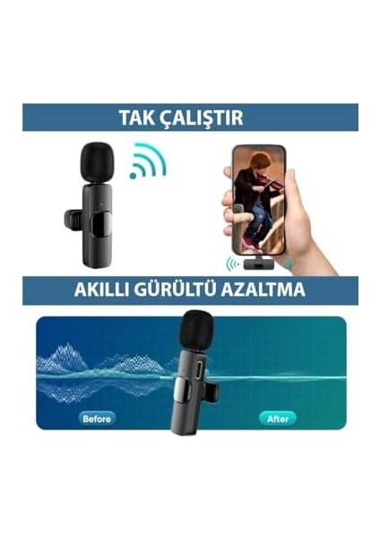 K9T2 Type-C Bağlantılı, 360° Ses Yakalama, Gürültü Azaltma Özellikli;, iPad ve iphone 15 ve 16/plus/pro/promax ve 17/pro/promax Uyumlu Kablosuz Çiftli Yaka Mikrofonu modelleri