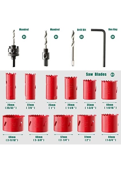 For Lıfe Bi-Metal Delik Testere, 17 Adet Delik Testere Seti 11 Adet Testere Bıçakları 19-68MM, Kesme Derinliği: 40MM, Ahşap, Pvc Paneller ve Metal Delmek Için Mükemmel modelleri