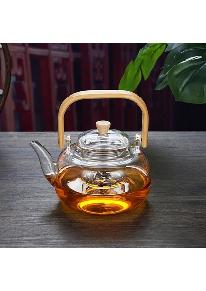 Bambu Saplı Dayanıklı Borosilikat Cam Süzgeçli Demlik 1000ML, Dayanıklı Cam Bitki Çayı Demliği 1000ML