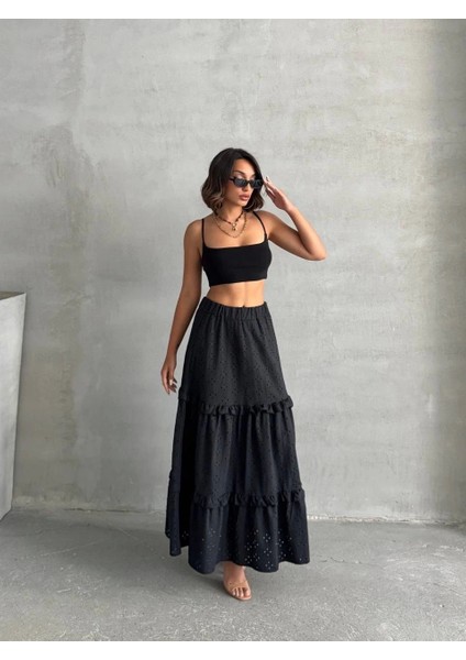 Fırfırlı Brodeli Astarlı Uzun Etek Siyah fırsatları