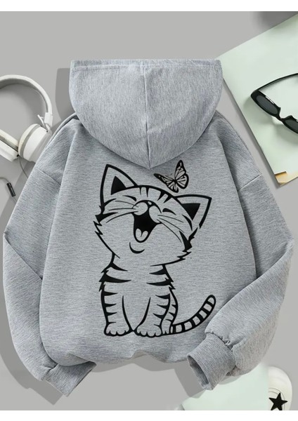 Punıx Büyük Beden Özel Üretim Kapüşonlu Minnoşun Kelebeği Sırt Baskılı Oversize Kadın Sweatshırt