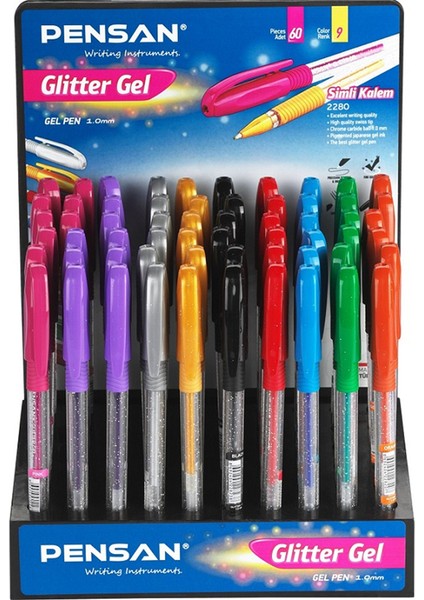 Pensan Tükenmez Kalem Jel Simli 1.0 mm (60 Lı) Renkli Stand 2280
