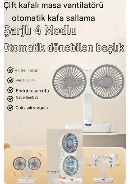 Bfs Masaüstü Dijital Ekranlı Çift Fanlı LED Işıklı Soğutucu Fan Ev Ofis Şarjlı Vantilatör