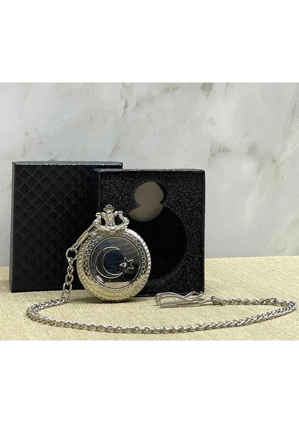 Özel Kutulu Türk Bayrağı Tasarımlı Gümüş Köstekli Saat