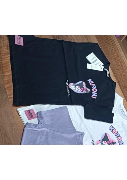 Farklı Tarz Eğlenceli Kuromi Yeni Nesil Karakter Baskılı Resimli Kız Pamuklu Siyah Renk Tişört