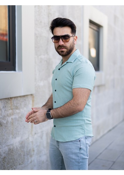 Keten Gömlek Kısa Kol Turkuaz Renk