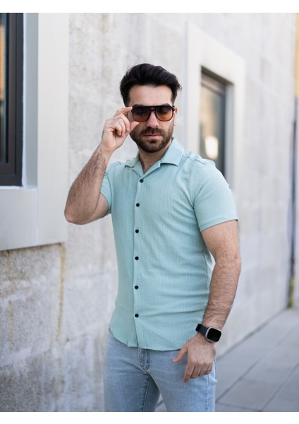 Keten Gömlek Kısa Kol Turkuaz Renk modelleri
