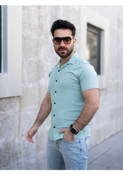 Keten Gömlek Kısa Kol Turkuaz Renk fırsatları