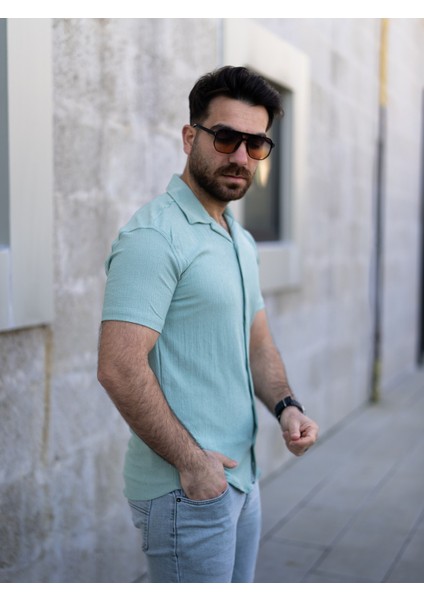 Keten Gömlek Kısa Kol Turkuaz Renk