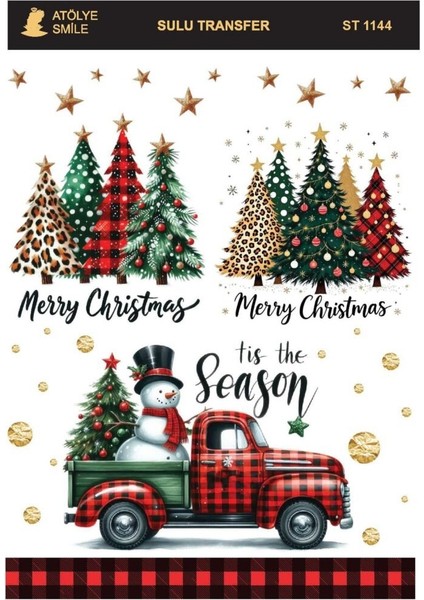 ST1144 Yeni Yıl, Çam Ağacı, Kardan Adam Desenli Açık Zemin Sulu Transfer 25*35 cm