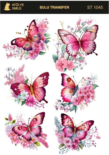 ST1045 Pembe Tonları, Kelebek Desenli Açık Zemin Sulu Transfer 25*35 cm