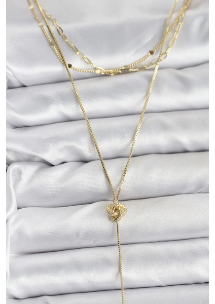 Bfs Pirinç Gold Renk Düğüm Model Detaylı 3'lü Kombin Y Kadın Kolye