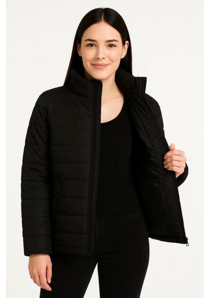 Kadın Bomber Mont Ceket – Su Itici Kumaş, Kapitone Astarlı, Fermuarlı, Kışlık - Siyah