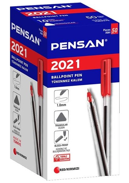 Pensan Tükenmez Kalem (50 Li ) Üçgen Gövdeli Şeffaf Kırmızı