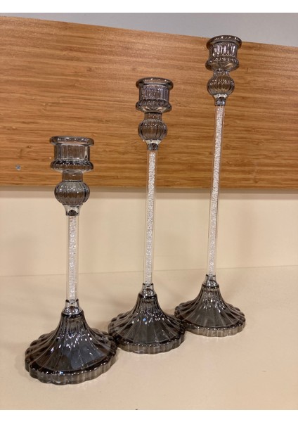 Şamdan Mumluk 3'lü Kristal Füme Yeni Model Yükseklik 31-26-20-Cm