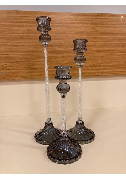 Şamdan Mumluk 3'lü Kristal Füme Yeni Model Yükseklik 31-26-20-Cm modelleri