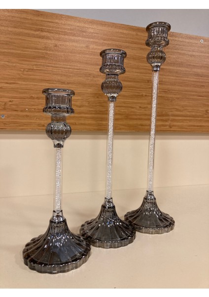 Şamdan Mumluk 3'lü Kristal Füme Yeni Model Yükseklik 31-26-20-Cm indirimleri