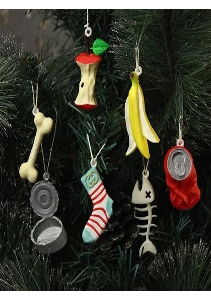 3D Baskı Komik Yılbaşı Ağacı Süsleri 7’li Set – Elma Çöpü, Muz Kabuğu, Balık Kılçığı, Çorap, Kutu Kapağı, Kırmızı Kutu ve Kemik – Noel Dekorasyon Ornament Seti modelleri