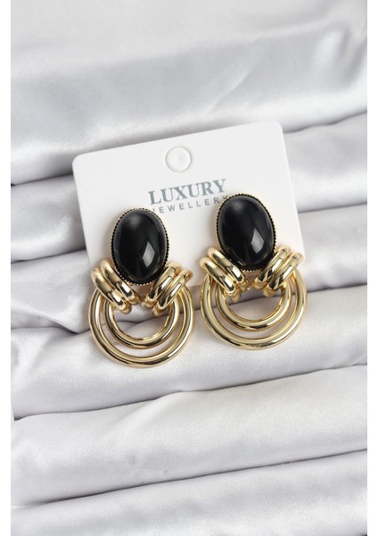 Bfs Pirinç Gold Renk Siyah Taşlı Vintage Kadın Küpe