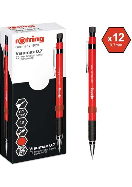 Rotring Versatil Kalem Visumax 0.7 mm Kırmızı (12 Adet)