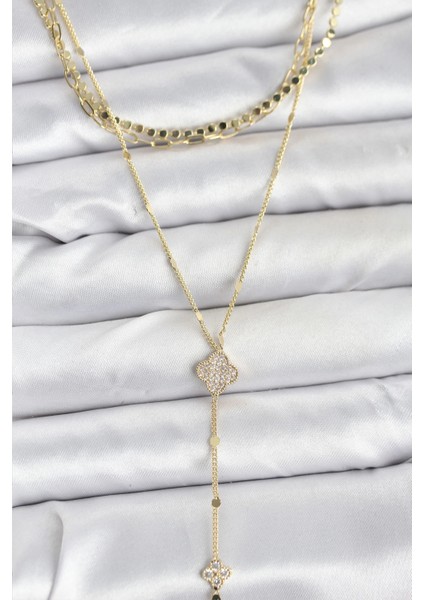 Bfs Pirinç Gold Renk Zirkon Taşlı Yoncalı Model Detaylı 3'lü Kombin Y Kadın Kolye