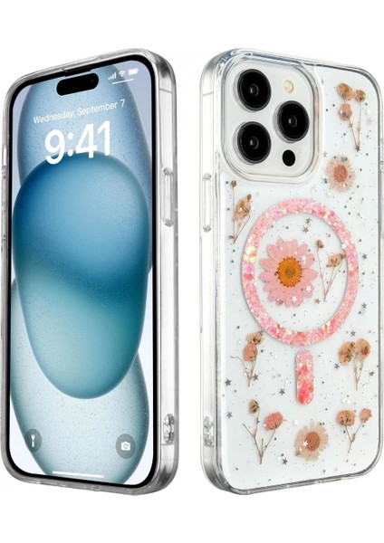 iPhone 15 Pro Max Kılıf Daisy Simli Magsafe Kapak - Pembe