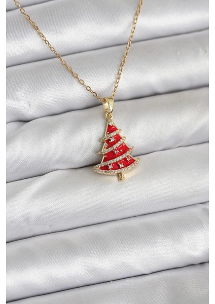 Gold Renk Kırmızı Çam Ağacı Model Yılbaşı Temalı Kadın Kolye (316L Çelik Zincir) fiyatları