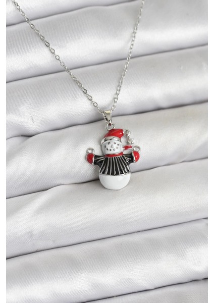 Bfs 316L Çelik Zincir Gümüş Renk Kardan Adam Figürlü Yılbaşı Temalı Kadın Kolye
