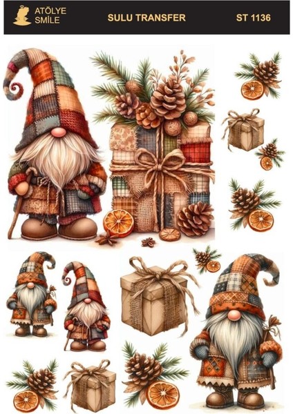 ST1136 Rustik, Gnome Desenli Açık Zemin Sulu Transfer 25*35 cm