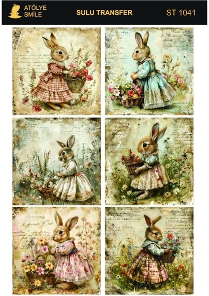 ST1041 Vintage Tavşan Desenli Açık Zemin Sulu Transfer 25*35 cm