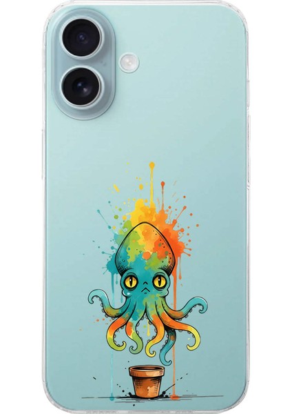 iPhone 16 Plus ile Uyumlu Splash Ahtapot Tasarımlı Şeffaf Silikon Kılıf