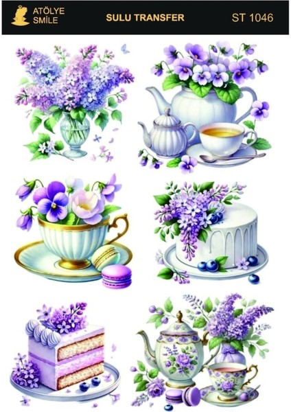 ST1046 Mor Tonları, Çiçek, Pasta Desenli Açık Zemin Sulu Transfer 25*35 cm