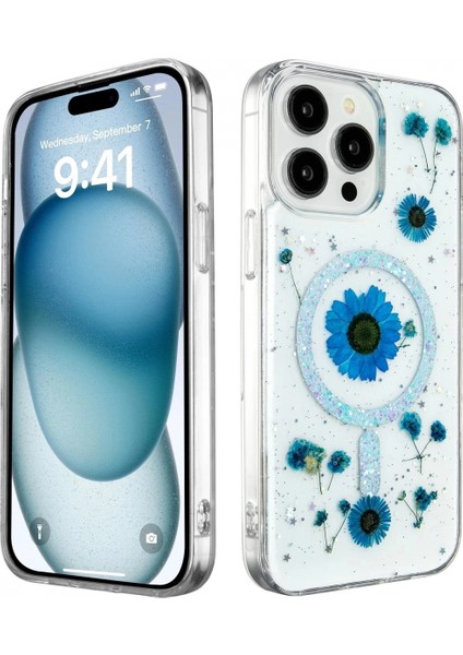 iPhone 15 Pro Max Kılıf Daisy Simli Magsafe Kapak - Mavi