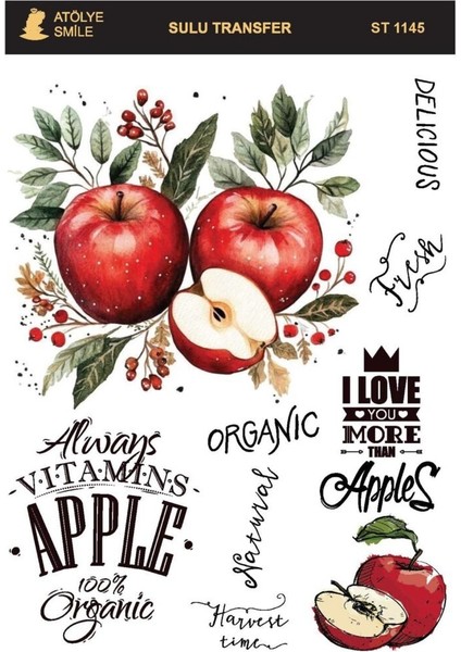 ST1145 Elma Desenli Açık Zemin Sulu Transfer 25*35 cm