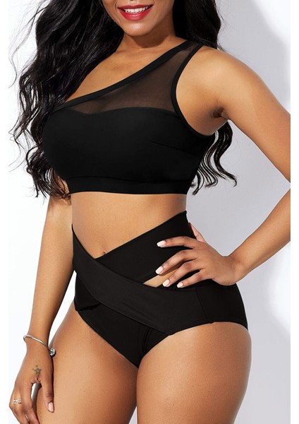 Kadın Siyah Yüksel Bel Tül Detaylı Sütyen Külot Takımı - Siyah - M fiyatları